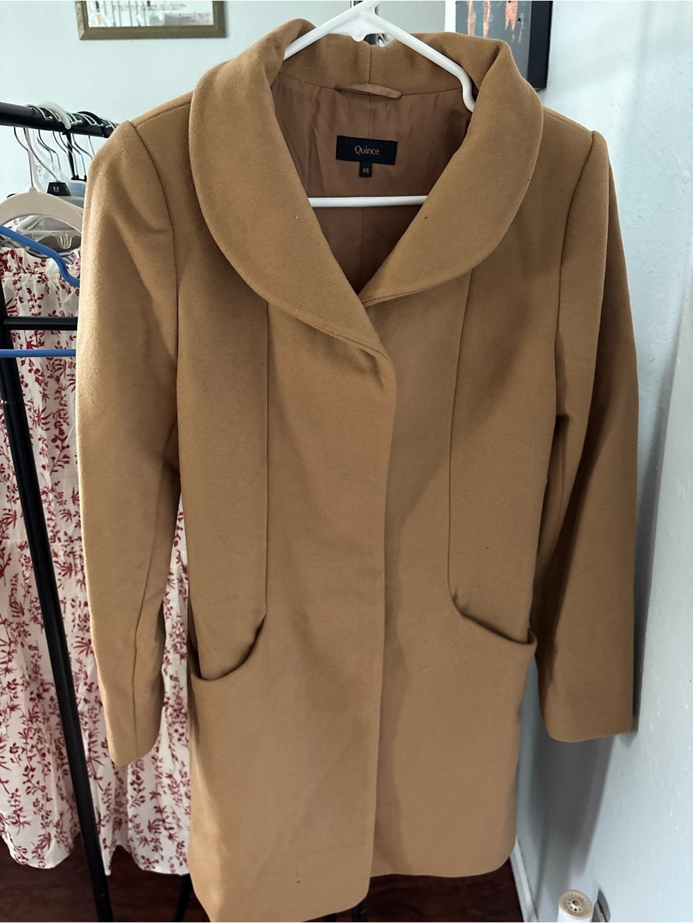 Quince Camel Trench-Style Coat with Rounded Collar